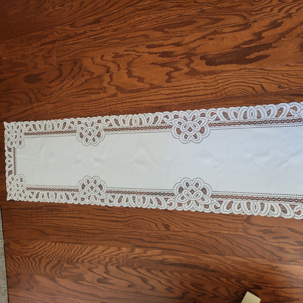 Elegant White Lace Table Runner. Rolls Up Small.